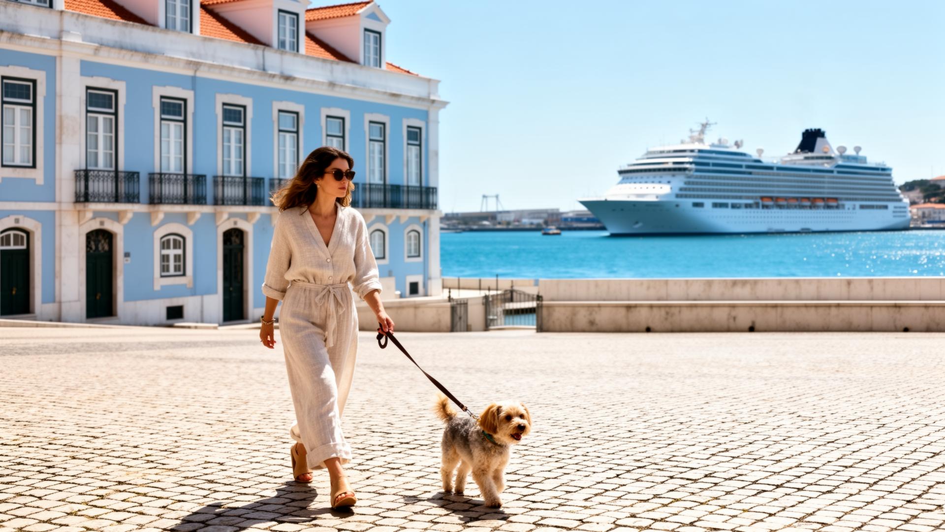 Woman walking a dog along a Lisbon street with a cruise ship in the harbor