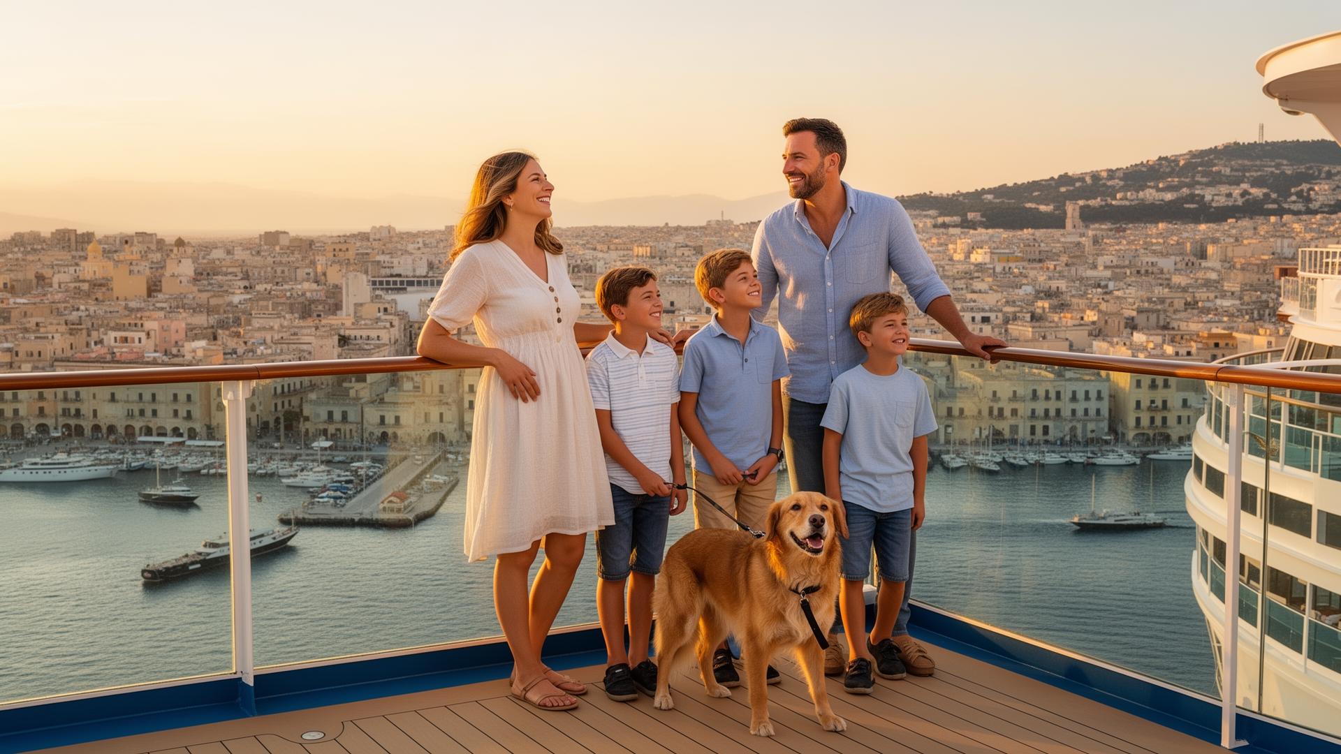 Family with children and a golden dog at a cruise ship railing at sunset