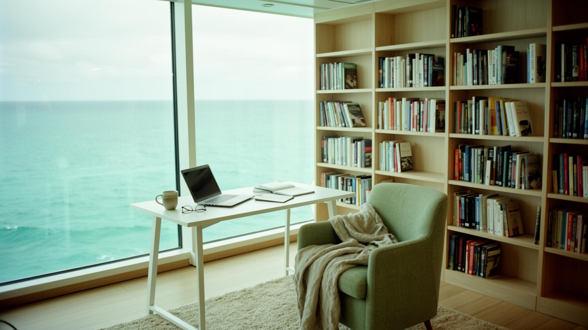 Co-working library on a cruise ship overlooking the ocean