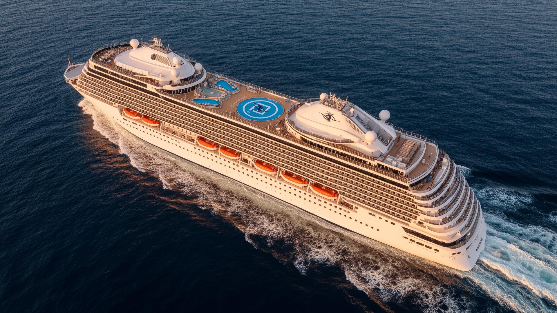 Aerial view of a cruise ship in deep blue ocean at golden hour